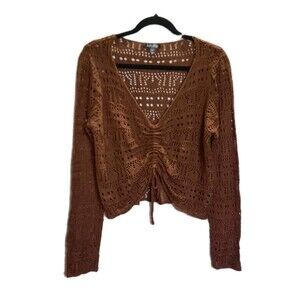 J For Justify Brown Crochet Knit Top Sheer Boho Ruched Drawstring Crop Sweater L